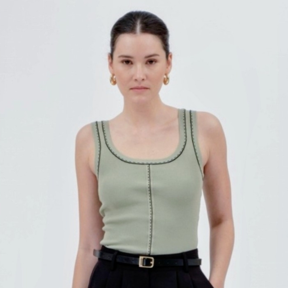The Workshop Ribbed Fitted Tank Top Green with Black Trim Medium NWT Pastel